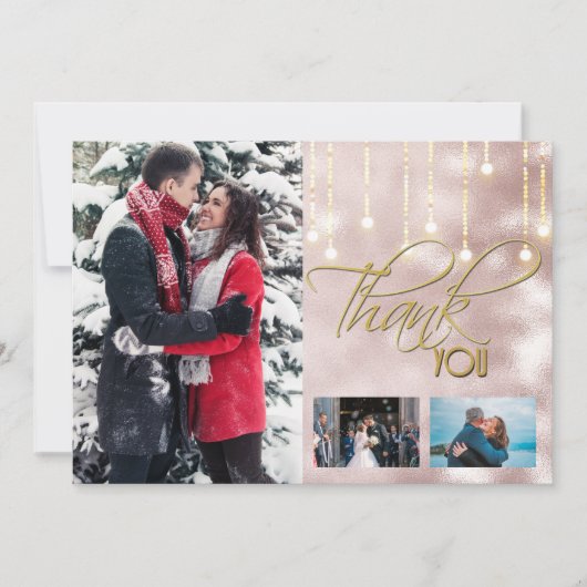 Dank u DIY 3 foto roos gouden string lichten Bedankkaart (Voorkant)