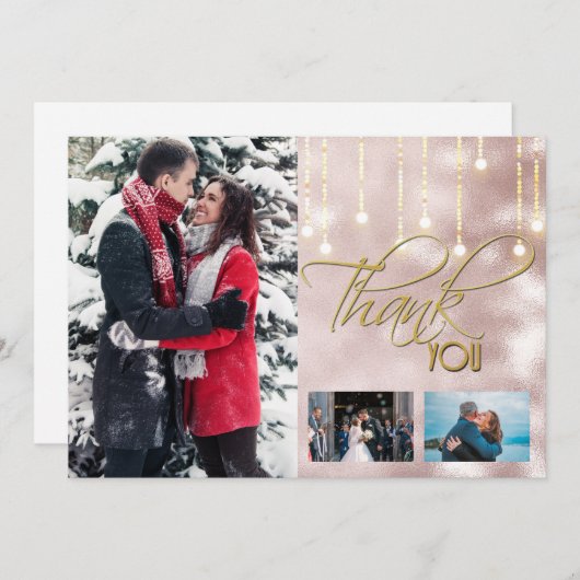 Dank u DIY 3 foto roos gouden string lichten Bedankkaart (Voorkant / Achterkant)