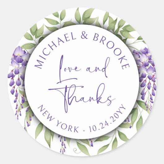 Dank u Elegant Paarse Bloemen Script Bruiloft Ronde Sticker (Voorkant)
