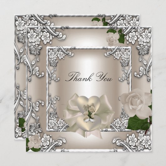 Dank U Elegante Trouw Cream Roos Zilver Wit Bedankkaart (Voorkant / Achterkant)