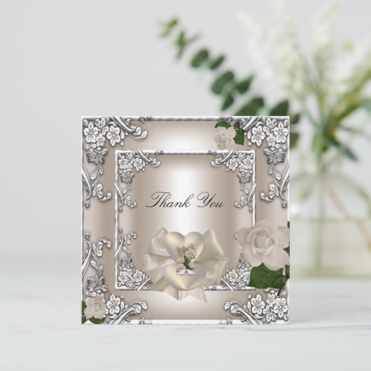 Dank U Elegante Trouw Cream Roos Zilver Wit Bedankkaart (Staand voorkant)