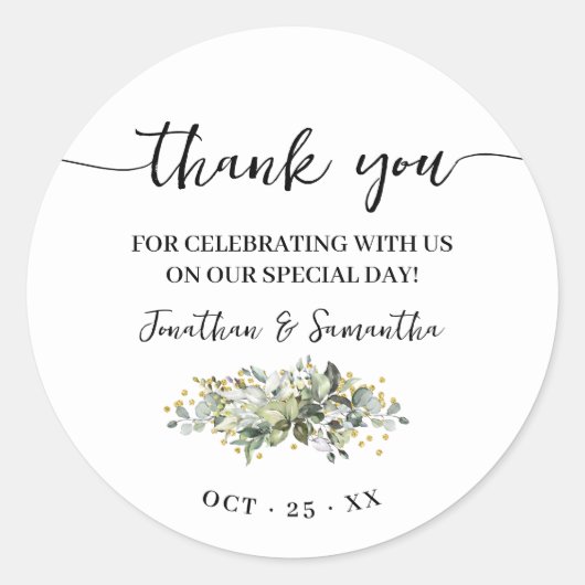 Dank u Favor Eucalyptus Gold Glitter Bruiloft Ronde Sticker (Voorkant)