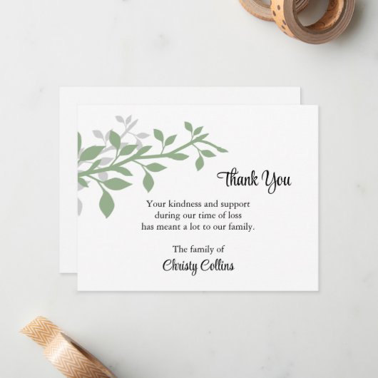 Dank u Funeral Kaarten, Groene & Gray Branches Notitiekaartje (Voorkant / Achterkant in situ)
