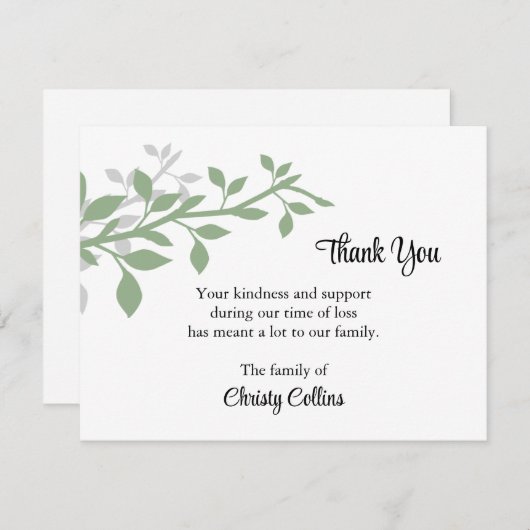 Dank u Funeral Kaarten, Groene & Gray Branches Notitiekaartje (Voorkant / Achterkant)