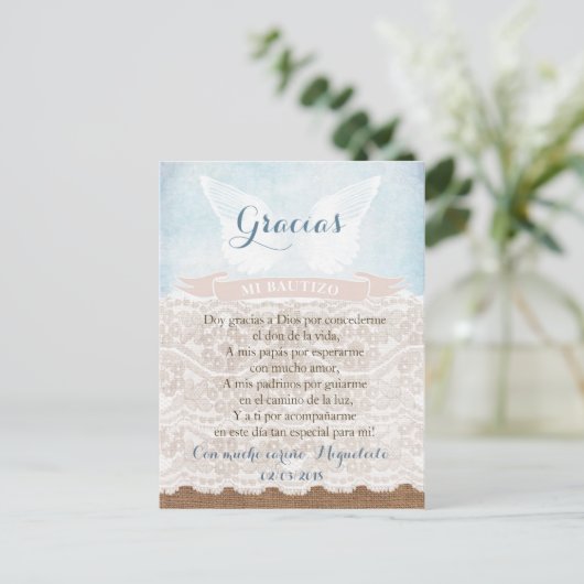 Dank u gebedskaart in het Spaans, jongedoop Briefkaart (Staand voorkant)