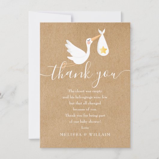 Dank u Gedicht Baby Jongen Douche Ooievaar Rustiek Bedankkaart (Voorkant)