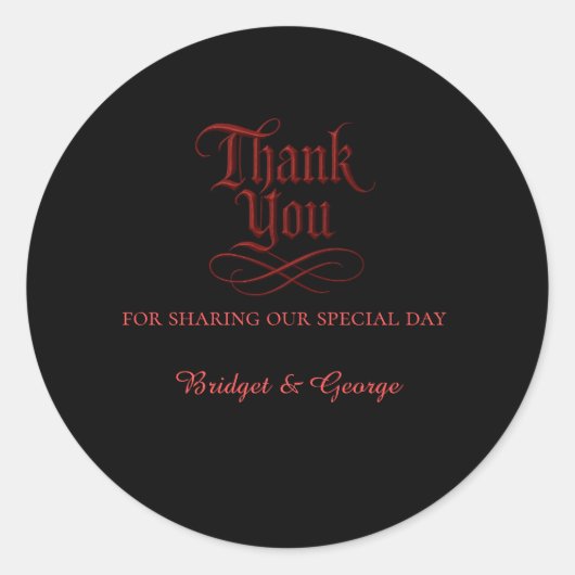 Dank u Gothic Red Metallic Script op zwart Ronde Sticker (Voorkant)