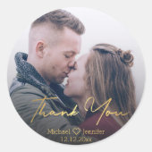 Dank u, gouden chique handschrift trouwfoto ronde sticker (Voorkant)