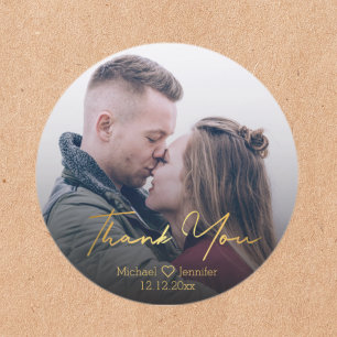 Dank u, gouden chique handschrift trouwfoto ronde sticker