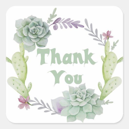 Dank u groene vetplant en cactus bloemenkrans vierkante sticker (Voorkant)