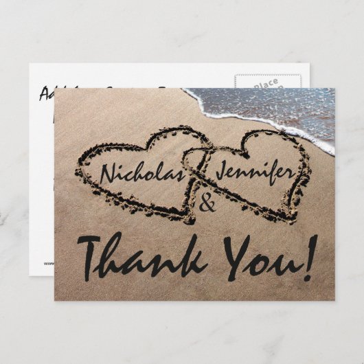 Dank u harten geschreven in zand bruiloft Briefkaa Briefkaart (Voorkant / Achterkant)