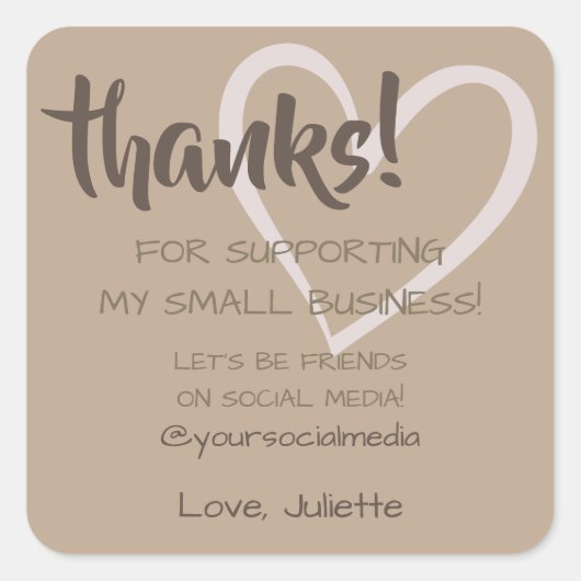Dank u Hartlabels Social Media Natural Brown Vierkante Sticker (Voorkant)