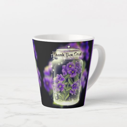 Dank u Heer (Paarse Pansies) Latte Mok (Rechterhoek)