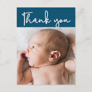 Dank u het Manuscript Modern blue Baby Foto Geboor Aankondigingskaart