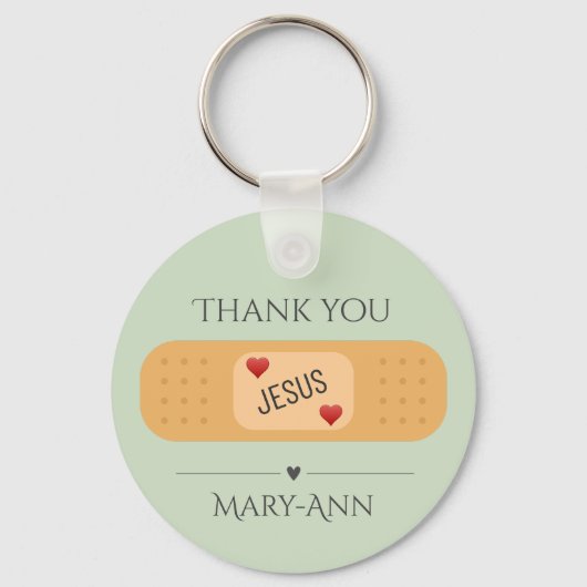 Dank u Jezus genezende heer groene Button Sleutelhanger (Achterkant)