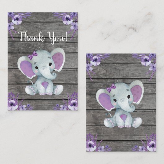 Dank u kaart meisje olifant douche Paarse rustiek (Voorkant / Achterkant)