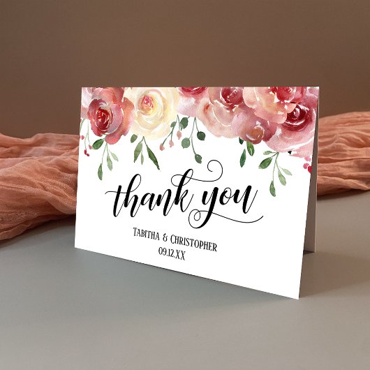 Dank u kalligrafie, bordeaux, bloze Rozen Bedankkaart