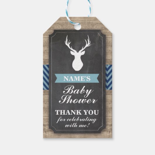 Dank u Label Baby shower Rustiek Hout Blauw Jongen Cadeaulabel (Voorkant)