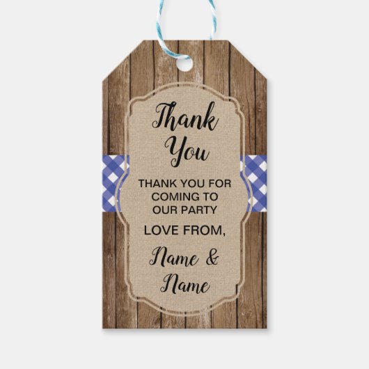 Dank u Labels Bruiloft Blauw Gingham BBQ Burlap Cadeaulabel (Voorkant)