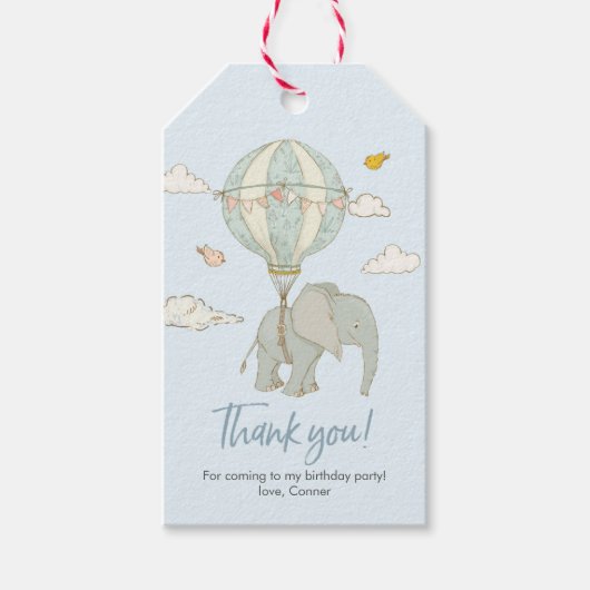 Dank u labels | Olifant heteluchtballon - blauw Cadeaulabel (Voorkant)