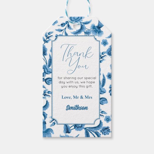 Dank u Labels Trouwen Chintz Blauw & Wit Bloemen Cadeaulabel (Voorkant)