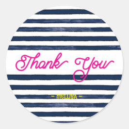 Dank u marine roze strepen ronde sticker