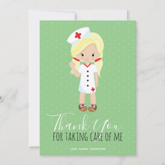 Dank u Mint Green Script Blonde Cartoon Nurse Bedankkaart (Voorkant)