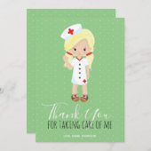 Dank u Mint Green Script Blonde Cartoon Nurse Bedankkaart (Voorkant / Achterkant)