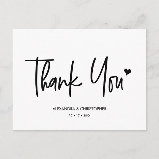 Dank u Modern Script Black en White Wedding Briefkaart (Voorkant)
