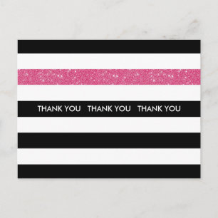Dank u moderne zwart witte strepen roze glitter briefkaart