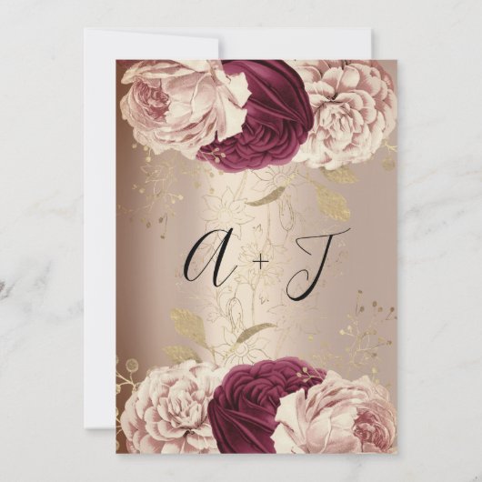 Dank U Monogram Roze Bloemen Marsala Roos Goud Kaart (Achterkant)