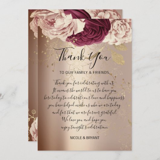 Dank U Monogram Roze Bloemen Marsala Roos Goud Kaart (Voorkant / Achterkant)
