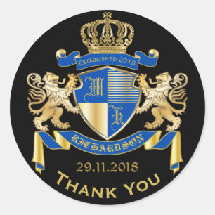 Dank u Monogram Wapenschild Goud Blauw Embleem Ronde Sticker