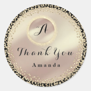 Dank u Naam Glitter Monogram Zwart Roos Goud Ronde Sticker