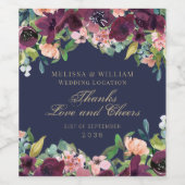 Dank u Navy Waterverf Bourgondië Floral bruiloft Wijn Etiket (Enkel label)