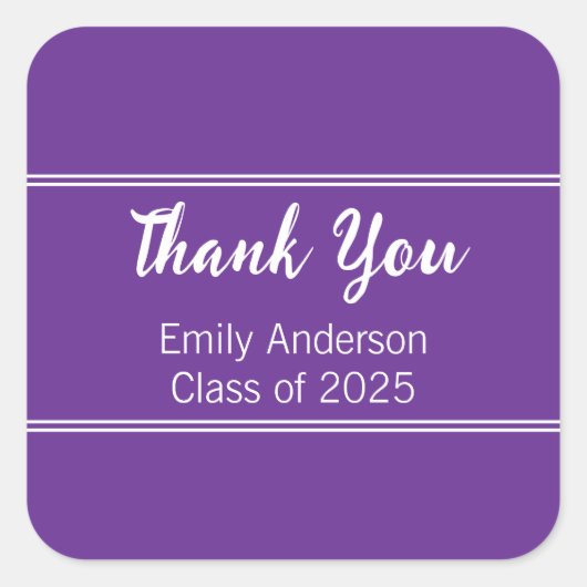 Dank u Paarse Witte Klasse van 2025 Afstuderen Vierkante Sticker (Voorkant)