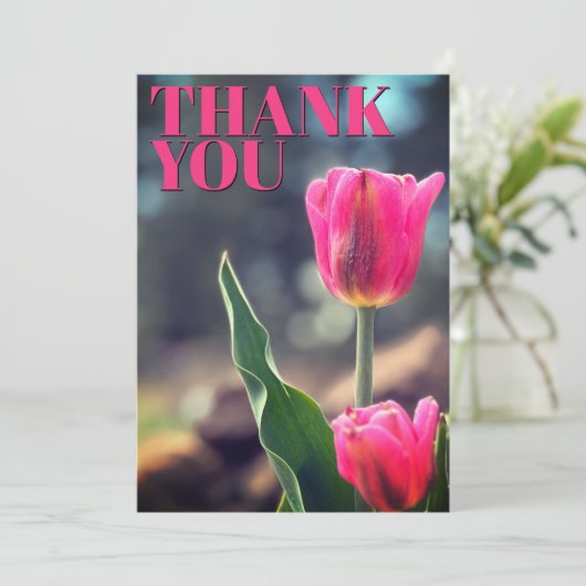 Dank u Platte Kaart Roze Tulp Foto Custom (Staand voorkant)