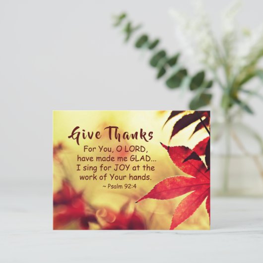 Dank U, Psalm 92:4 Bijbelvers Briefkaart (Staand voorkant)