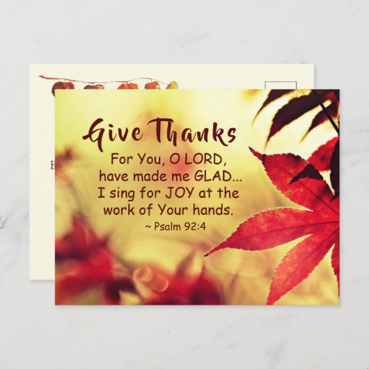 Dank U, Psalm 92:4 Bijbelvers Briefkaart (Voorkant / Achterkant)