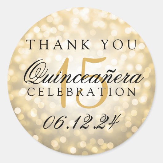 Dank u Quinceanera Verjaardag Gold Bokeh Lights Ronde Sticker (Voorkant)