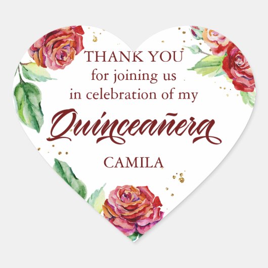 Dank u Rode Gouden Bloemen Waterverf Quinceanera Hart Sticker (Voorkant)