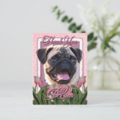 Dank u - Roze Tulpen - Pug Briefkaart (Staand voorkant)