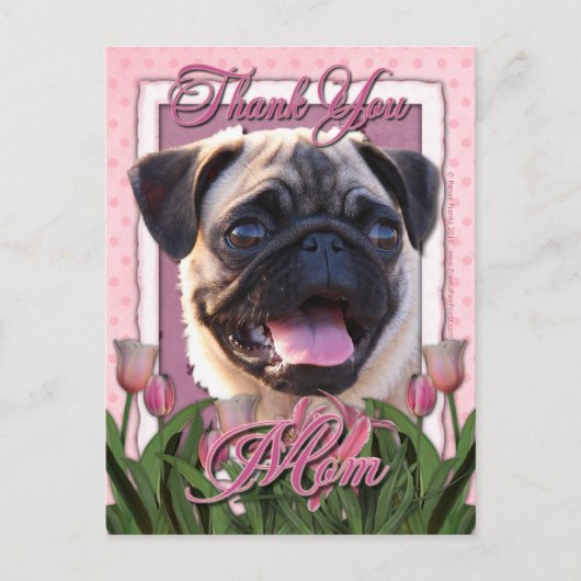 Dank u - Roze Tulpen - Pug Briefkaart (Voorkant)