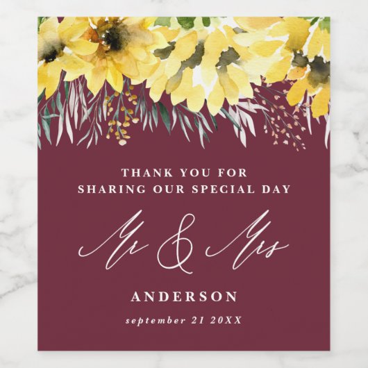 Dank u rustiek land zonnebloem bordeaux wijn etiket (Enkel label)