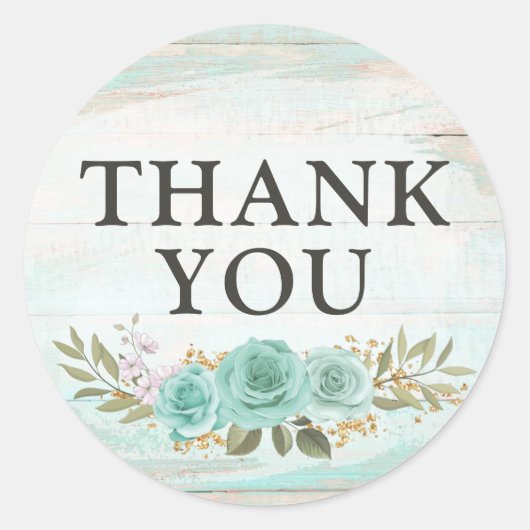 Dank u rustieke hout turquoise bloemen Rozen Ronde Sticker (Voorkant)