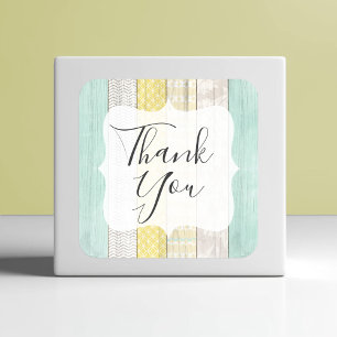 Dank u rustieke houten munt & gele boho geometrisc vierkante sticker