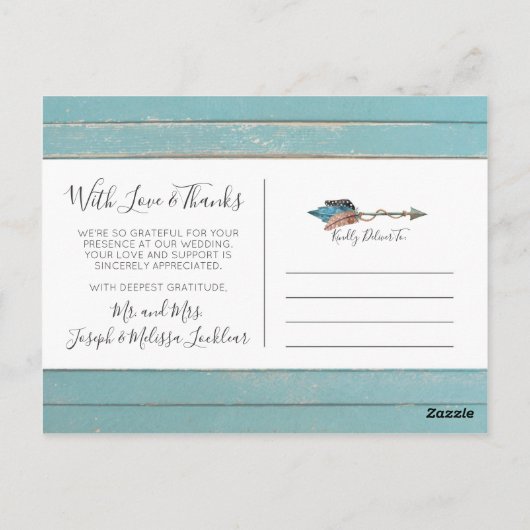 Dank u rustieke turquoise veren boho pijl briefkaart (Achterkant)