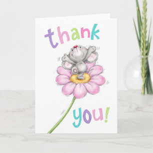 Dank u, schattige muis met vreugde op bloem kaart