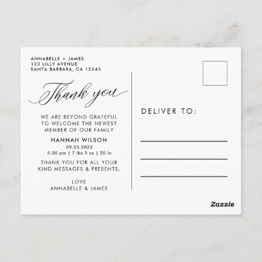 Dank U Script Baby Geboorte Aankondiging Briefkaart (Achterkant)