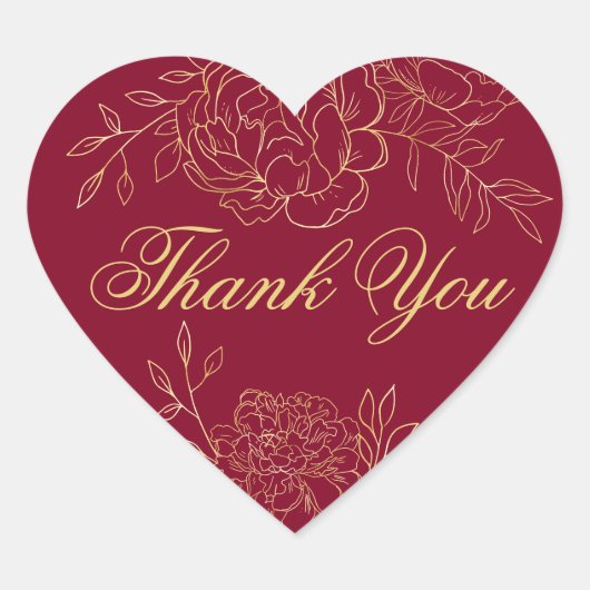 Dank u Script Bourgondië rood goud omtrek bloemen Hart Sticker (Voorkant)